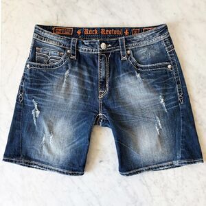 Rock Revival Lydia Easy Shorts Women's 31 Blue Denim Distressed Stretch Mid-Rise